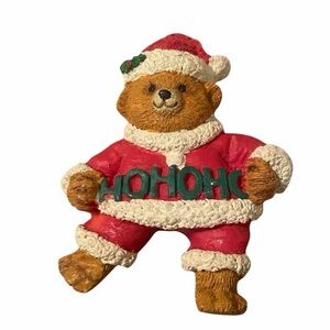 Vintage Christmas Teddy Bear Brooch Pin HO HO HO Santa Suit Holiday Resin Cute